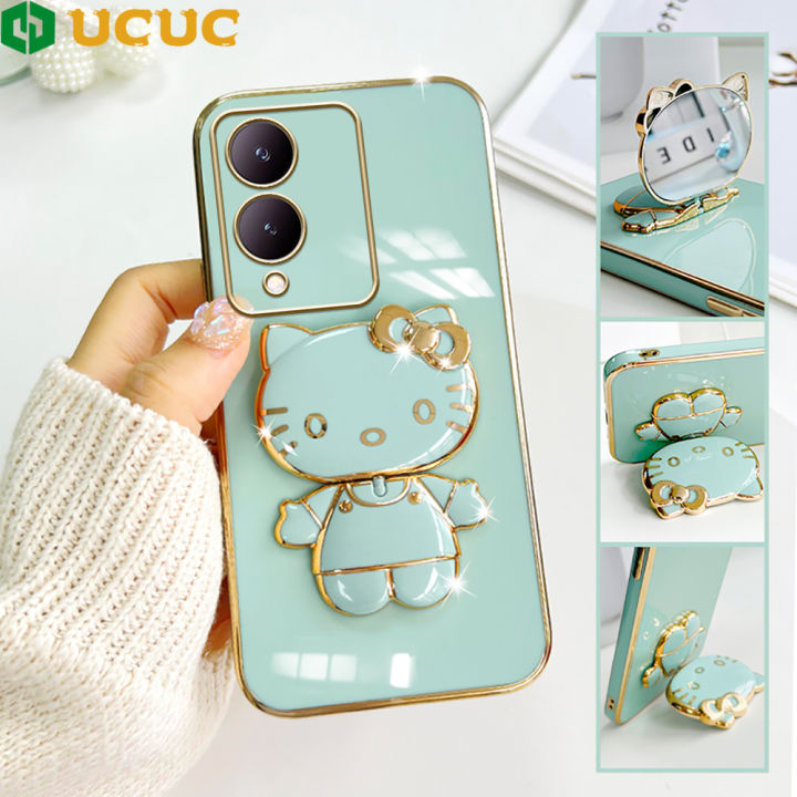 UCUC for Vivo Y17S Back Cover Cute kitty Mirror Multifunction Folding Bracket Luxury 6D Plating Case Soft Silicone Square Phone Cases for Boys for Girls