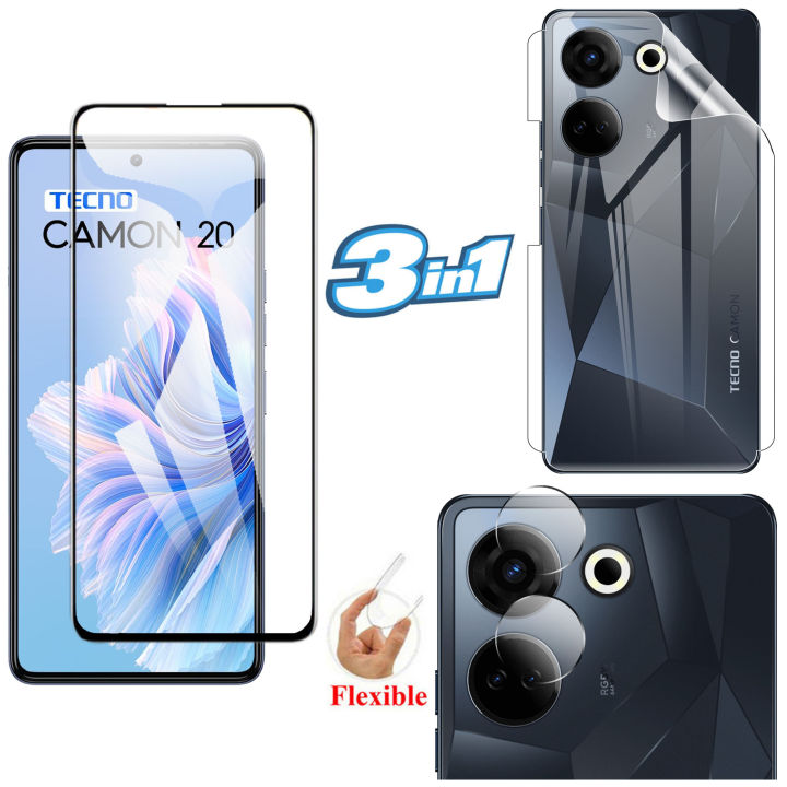 Tecno Camon 20 Glass Protector 5D-10D-11D-21D-9D Glass Full Coverage + Back Protector Transparent Hydrogel Soft Film jell Protection + Back Rear Camera Protector 9H Gorilla Flexible Protection For Tecno Camon 20