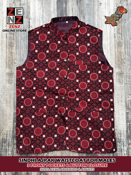 Sindhi Ajrak Waistcoat Koti for Boys & Men's Traditional Wear by Zenz Online Store