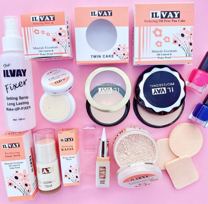12PCS Bridal Makeup Deal - Makeup Fixer - Foundation Stick - Compact Powder - Loose Powder - Pan Cake - Kajal - 2Pcs Nail Polish - 3Pcs Sponge