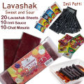 40 Pcs Set - 20 Lavashak Fruit Lather Sheest - 10 Churan Chat Masala Powder - 10 Tamil Imli Souce - Irani Imli Strips Roll Chooran Chaat Masala Khati Methi Sweet and Sour Layer Viral Choran Taili lavashak fruit leather Sauce Candy Sheet Persian snack. 