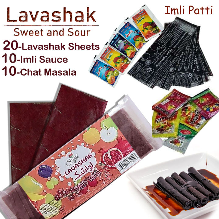 40 Pcs Set - 20 Lavashak Fruit Lather Sheest - 10 Churan Chat Masala Powder - 10 Tamil Imli Souce - Irani Imli Strips Roll Chooran Chaat Masala Khati Methi Sweet and Sour Layer Viral Choran Taili lavashak fruit leather Sauce Candy Sheet Persian snack