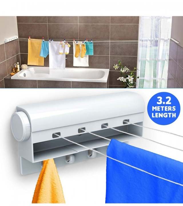 Retractable Automatic Cloth Drying Line Rope Retractable Clothesline Extendable Automatic Cloth Drying Stand Clothes Line, Drying line Clothes Line Wall Mounted Retractable Hanging Ropes for Laundry & Hanger Dryer - 3.2 Meters Ropes Length