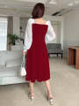 TWO TONE SQUARE NECK BISHOP SLEEVE DRESS. 