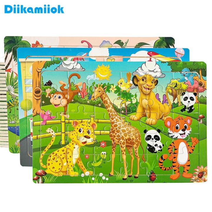 30 Pieces Wooden Jigsaw Puzzle Kids Cartoon Animal Vehicle Puzzles Games Baby Early Learning Educational Toys For Children