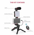 AY-49 Vlog blog tripod kit with bluetooth shutter, tripod, light and microphone. 