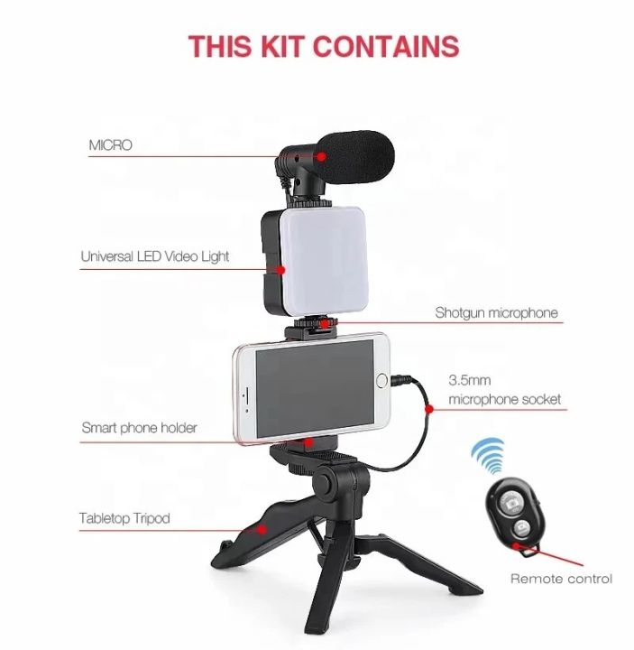 AY-49 Vlog blog tripod kit with bluetooth shutter, tripod, light and microphone