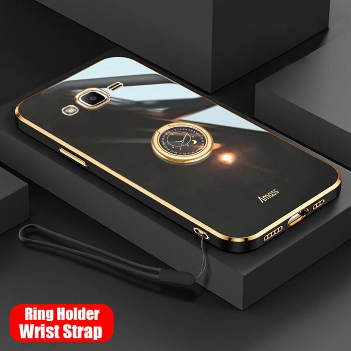 COROGI for Samsung Galaxy Grand Prime Back Cover with Ring Holder + Wrist Strap Luxury 6D Plating Frame Shiny Cases Soft Silicone Square Protective Mobile Phone Case