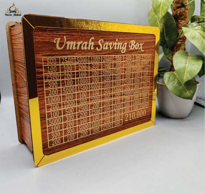 Premium Wooden Umrah Saving Box with 210,000 Savings Chart – Islamic ...