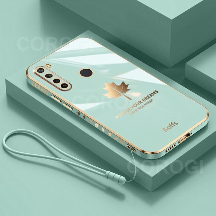 For Xiaomi Redmi Note 8 Back Cover with Lanyard Fashion Shiny Plating Maple Leaf Design Camera Lens Protection Square Edge Soft Silicone Protective Phone Case