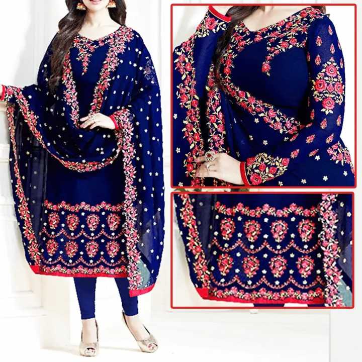 Dress For womens | Dress For Girls | Navy Chiffon Crincle Embroidered | Unstitched