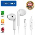 Tecno Original Handsfree White Wired Earphones for Gaming and Calling Universal Compatibility. 