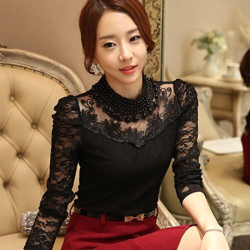 New Fashion long sleeve blouse shirts women fashion beaded Blusas femininas Plus size Lace Tops Women clothing Daraz.pk