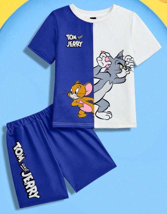 Young BoyTom & Jerry penal Short Sleeve T-Shirt And Shorts Casual 2pcs Outfit