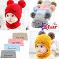 Baby Hat Scarf Set Eyes Embroidery Double pompom kid knitted Autumn Winter Neck Gaiter. 