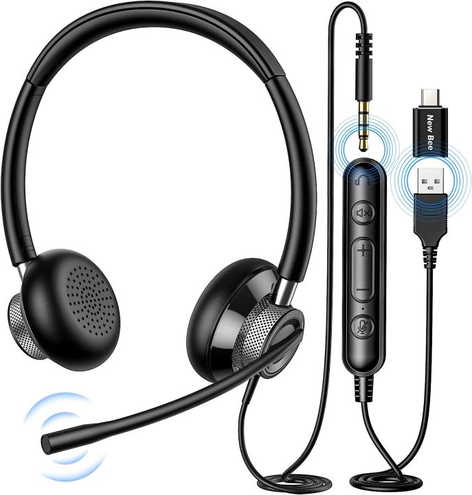New bee H361 USB Headset with Microphone for PC, Computer Headset with in-line Mute Volume Control Wired Headset for Laptop, Skype, Zoom, Call Center, Meetings, Webinar, Home