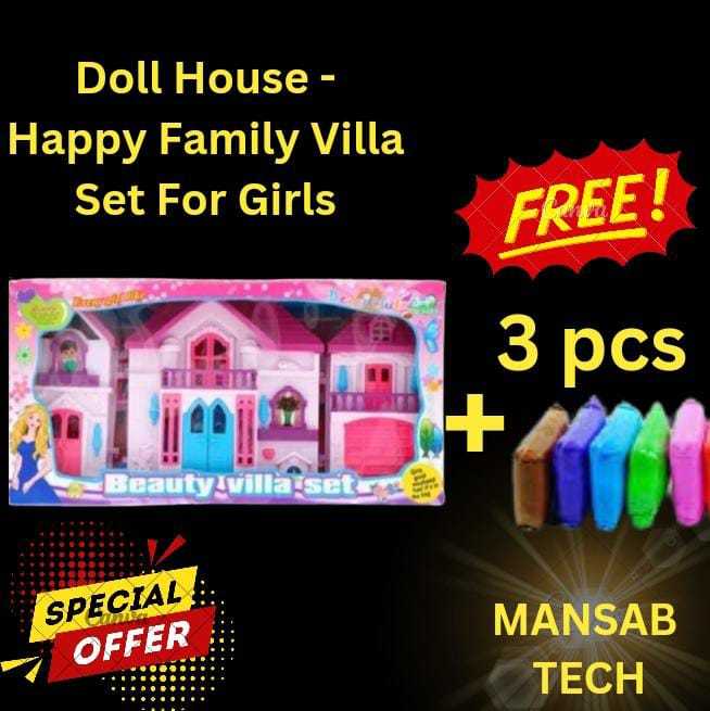 |Doll House| Happy Family Villa Set For Girls |Big Doll House Set for Girls| Pink Color Dollhouse Furniture  Set - 85 x 40 x 60 cm|