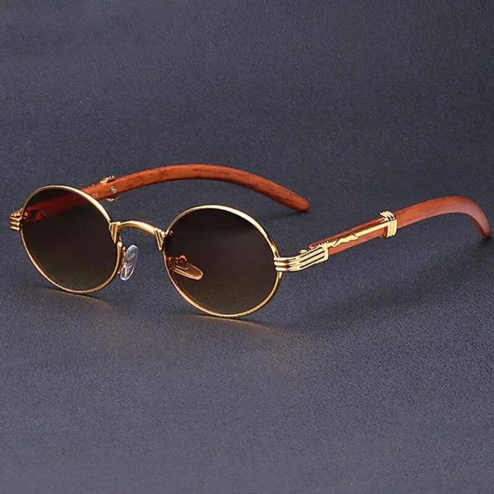 New Metal Frame Sunglasses Vintage Wooden Glasses Legs Neutral Round Frame Sunglasses Small Frame Women's Trendy Accessories