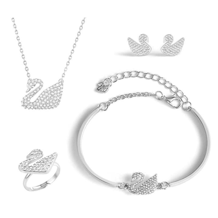 swarovski silver duck jewellery set with necklace, bracelet, ring, tops