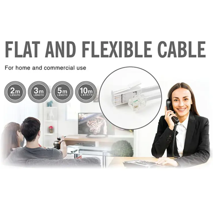 10m Long BT Telephone Cable to RJ11 ADSL Modem Male – 2 Wires 6P2C White Extension Lead for Landline, Modem, Fax, Dial-up, Sky by G-PLUG