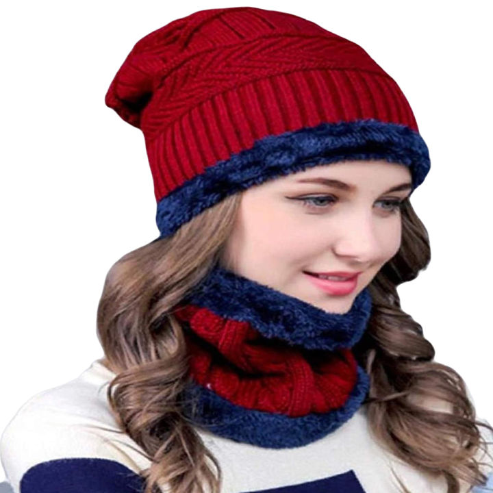 ORIGINAL SONG TING Winter Knitting Skull Cap and Neck Scarf Wool Warm - Winter Beanie Hat Cap Neck Warmer Scarf Set Fleece Lined Skull Cap and Scarf Unisex Hat & Scarf Set Stylish Knit Skull Cap for Men & Women