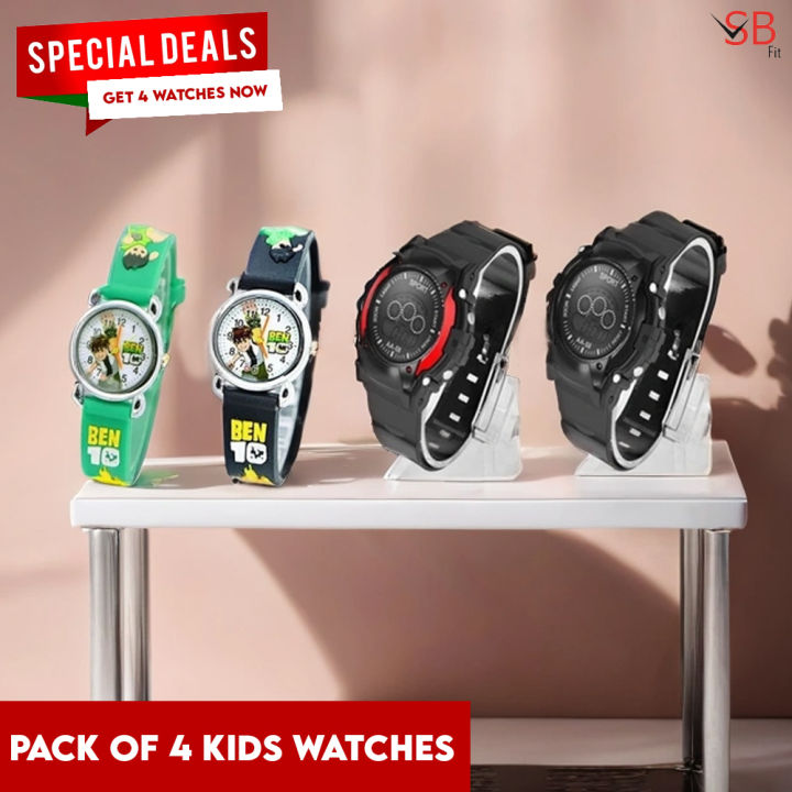 Exclusive Pack: 2 Benten Watches + 2 Digital 7 Light Function Watches For Kids - Stylish and Fun Set for Kids Boys & Girls -  Led Digital Watch For Boys & Girls Trendy And Cute Cartoon Watches SB FIT®