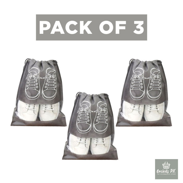 [PACK OF 3 ] New Dustproof Rope Shoe Organizer Travel Shoe Storage Bag with clear window Package Luggage non-woven with PVC Bag | 1 Pair Non Woven Shoe Organizer bag | 3 pcs (Random color) - Orchids Store PK.