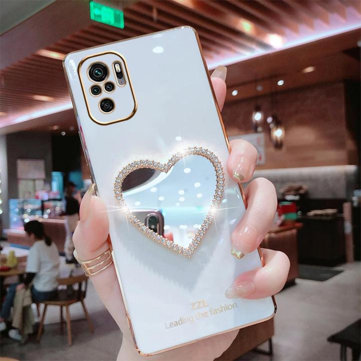 For Xiaomi Redmi Note 10S Cover with Makeup Mirror Shiny Plating Square Bumper Girls Phone Case Soft TPU Silicone Shockproof Protective Back Cover