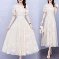 Women Elegant Party High Waist Short A e Sundress ral Leisure Puff Sleeve White Long Dresses. 