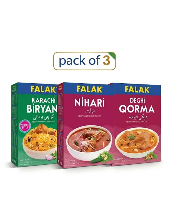 Falak Pack of 3 -  Karachi Briyani 60gm, Nihari 50gm, Degi Qorma 50gm