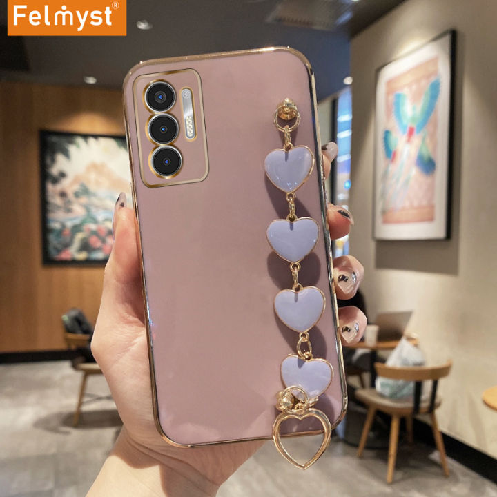 FELMYST Casing Case For Infinix Tecno Pova 3 Luxury Plating Cute Love Heart Wrist Chain Bracelet Girl Mobile Phone Case Women Lanyard Electroplated Casing Candy Full Cover Camera Protect Bumper Back Softcase Cover