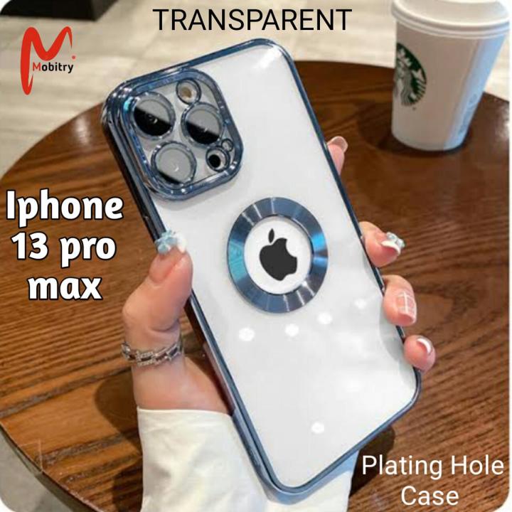 Iphone 13 Pro max Plating Hole Blue Transparent Case.