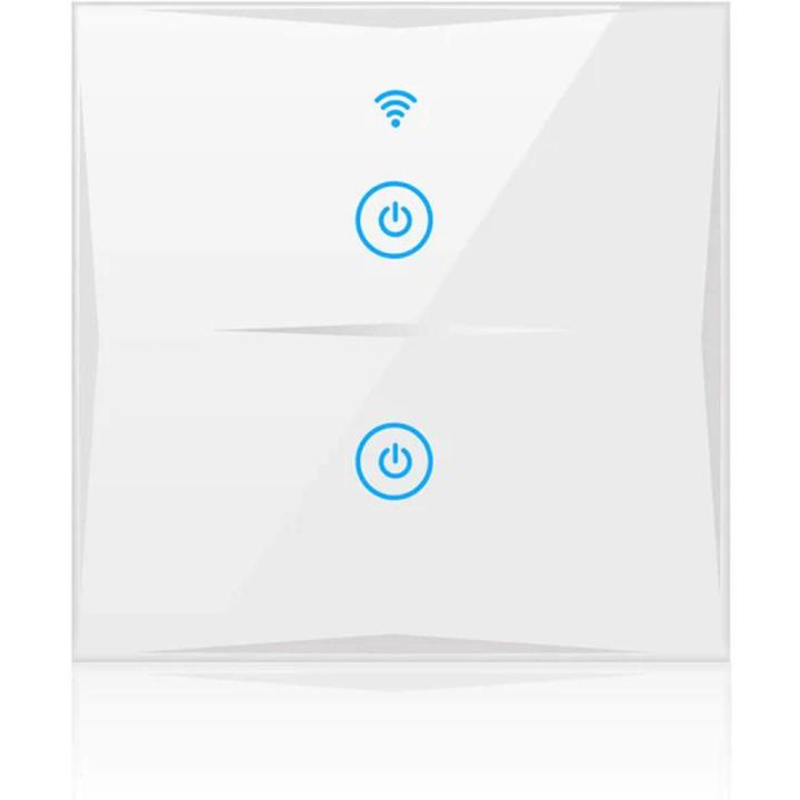 Smart Light Switch, WiFi 2-Gang Wall Wireless Tempered Glass Touch-Screen Switch