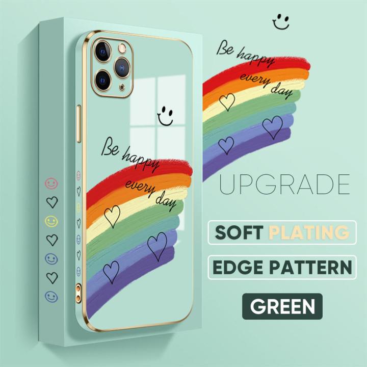 TA for iPhone 11 Pro Back Cover + Free Lanyard Rainbow Doodle Luxury 6D Plating Case Side Pattern Soft Silicone Square Phone Cases