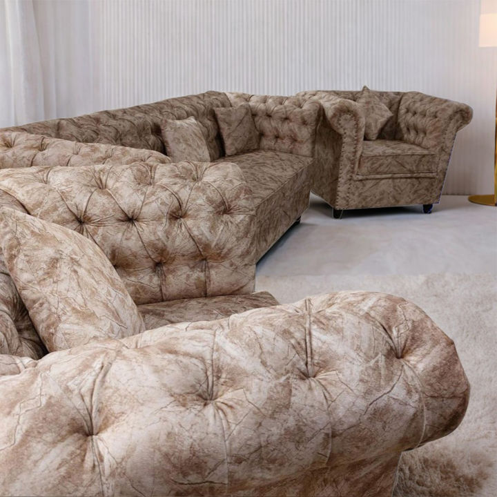 Turkish Fabric Imported 5 Seater Modern Chesterfield Sofa Set In Order 3+1+1 With Free Matching Cushions