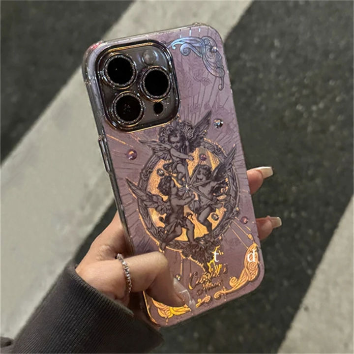 FundaNS flash mirror 12 Pro14 13 ne 15 light phone case suitable for retro European cupid angel aurora laser iPho Max I head protective cover luxury
