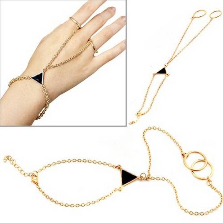 Women Fashion Stylish Punk Golden Tone Alloy Chain Link Two Finger Ring Bracelet
