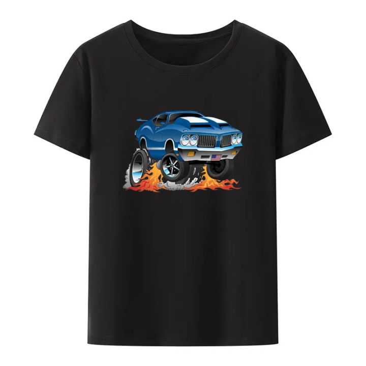 Classic Seventies American muscle car Hot Rod cartoon graphic t shirts creative humor casual shirt hip-hop fashion streetwear
