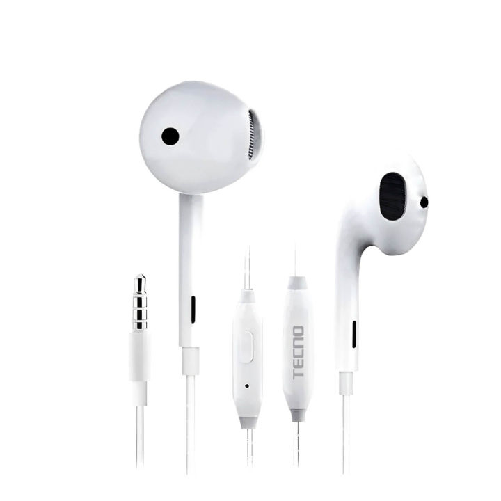Tecno Original Handsfree White Wired Earphones for Gaming and Calling Universal Compatibility