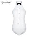 Womens One-piece Body Shirt Sleeveless Haltered Wing Tip Collar Backless Tuxedo Shirt Bodysuit with Bow Tie Work Wear Bodysuits. 