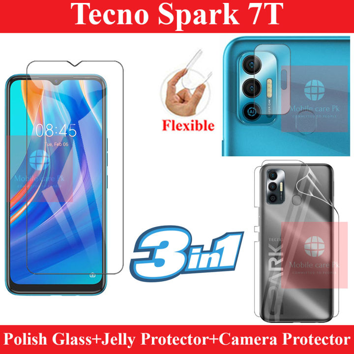 Tecno Spark 7T Tempered Glass Screen Protector + Back Hydrogel Soft Film jell Protector Sheet + Flexible Camera Protector 9H Gorilla Protector For Tecno Spark 7T