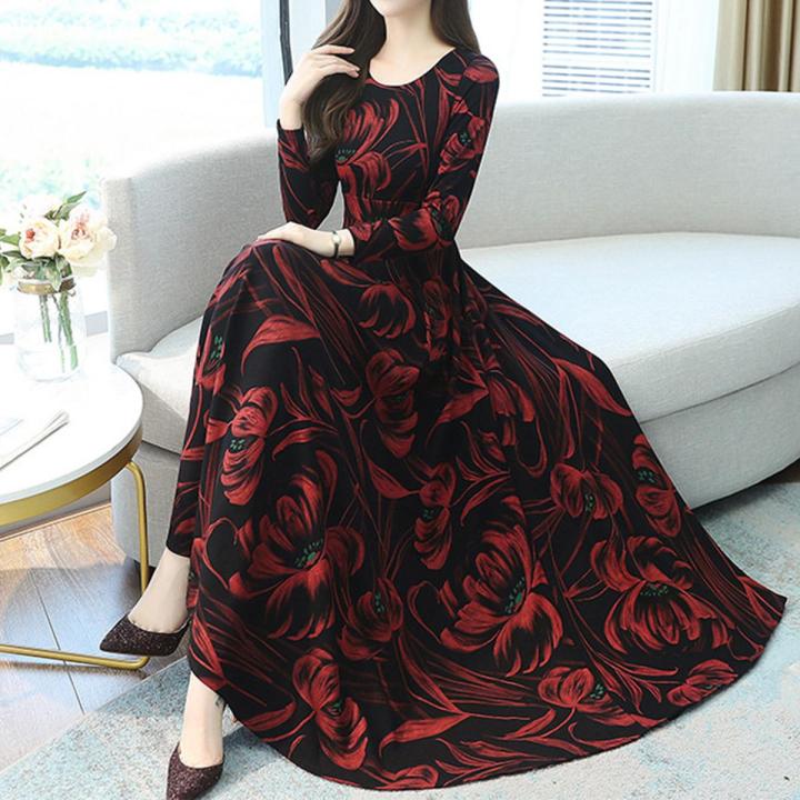 Women Long Sleeves Dress Floral Printing Round Neck Pullover A line Skirt High Waist Large Size Dress color red size M Daraz.pk