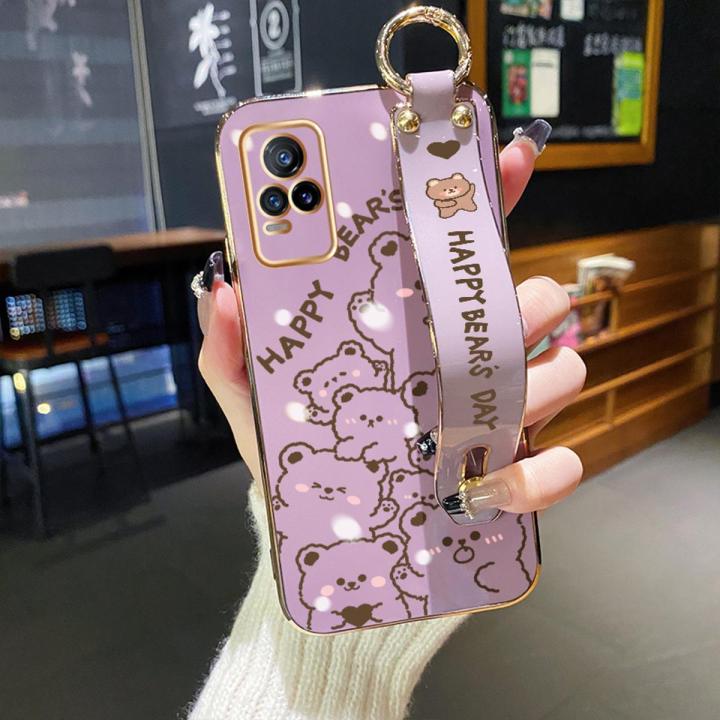 JIUMOO For vivo v21e Case With Wristband Cartoon Cute Line Bear New Design Shockproof Phone Case Pattern Plating Silicone Casing Full Cover Camera Thin SoftCase Protection Cases