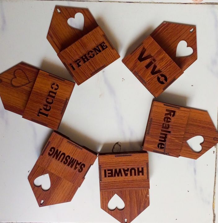 Pack of 3 Mobile Holder and charging stand for Wall mounted wodden in different designs logo of mobile companies