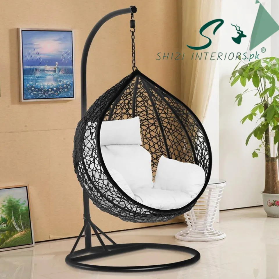 Shizi Egg Hanging Swing Chair Jhoola with Stand Cushion Set Jhola Rattan Patio Swing Jhula Daraz.pk