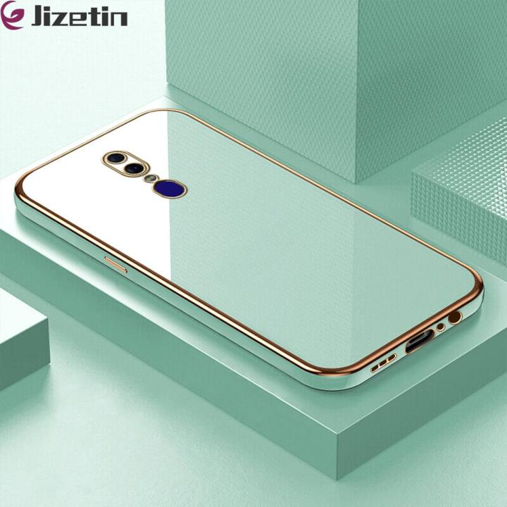 Jizetin (Free Lanyard) for OPPO F11 Back Cover Pure Color Luxury 6D Plating Case Side Pattern Soft Silicone Square Mobile Phone Cases