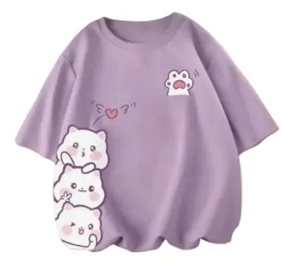 Purple 3 Cute Cats Beautiful Half Sleeves T Shirts For Girls & Women's Cotton Jersey Fabric For Summer Wear