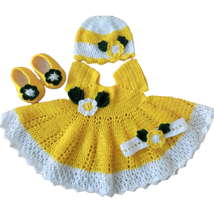 Handmade Crochet Dress Set for baby girls/Crochet Frock for baby girls/Crochet Clothes for Baby Girl/Crochet Woolen Frock/Cap and Shoes/Gloves