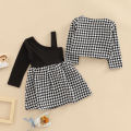 Children Girl Dress Two Piece Set, Houndstooth Printed Pattern Single Long Sleeve Patchwork Dress Matching Outwear Coat. 