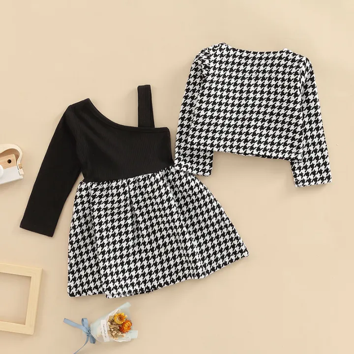 Children%20Girl%20Dress%20Two%20Piece%20Set,%20Houndstooth%20Printed%20Pattern%20Single%20Long%20Sleeve%20Patchwork%20Dress%20Matching%20Outwear%20Coat%20-%20Image%203
